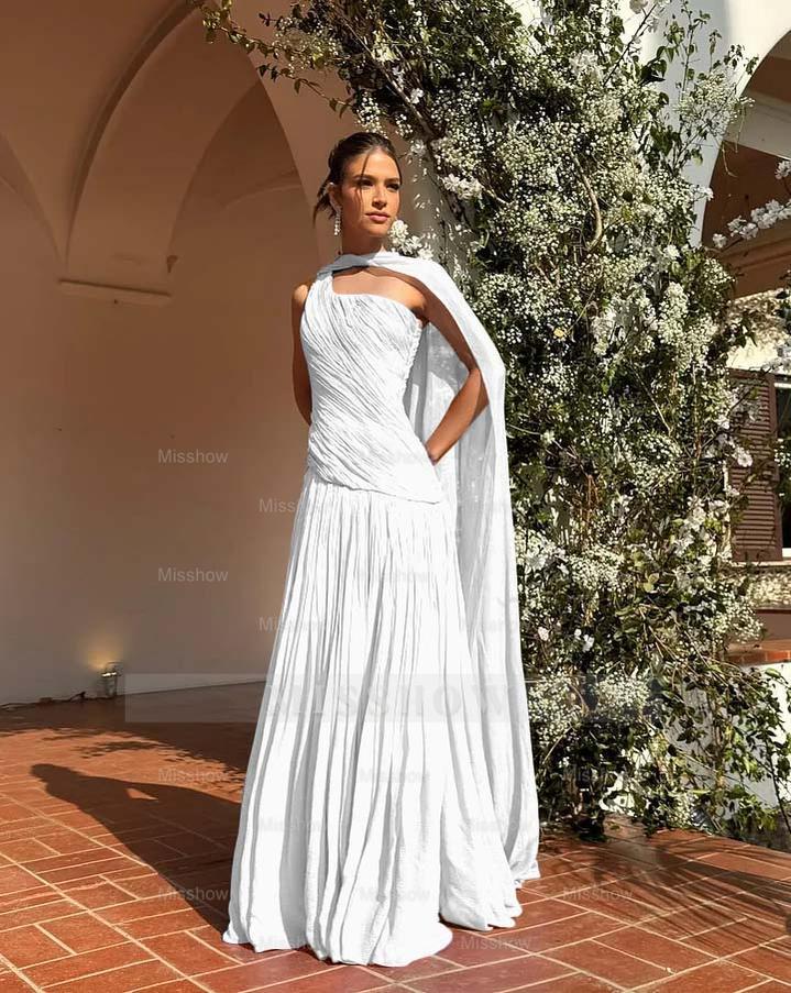 Chic One Shoulder Sleeveless Long Formal Dress With Pleated Shawl