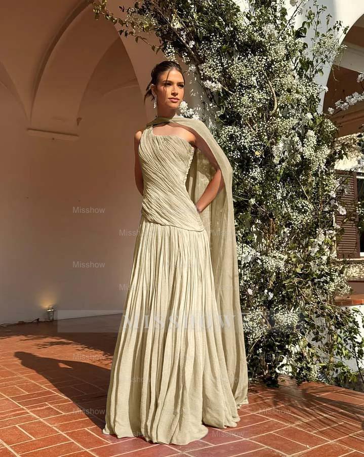 Chic One Shoulder Sleeveless Long Formal Dress With Pleated Shawl