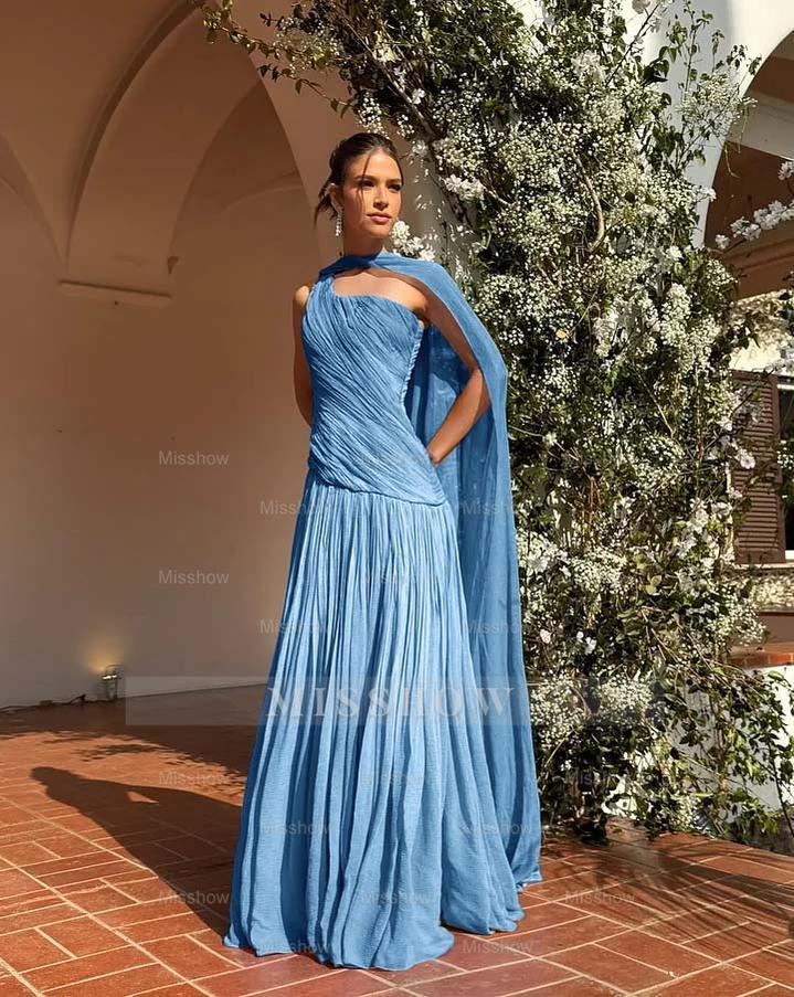 Chic One Shoulder Sleeveless Long Formal Dress With Pleated Shawl