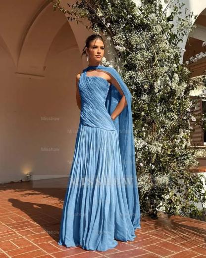 Chic One Shoulder Sleeveless Long Formal Dress With Pleated Shawl