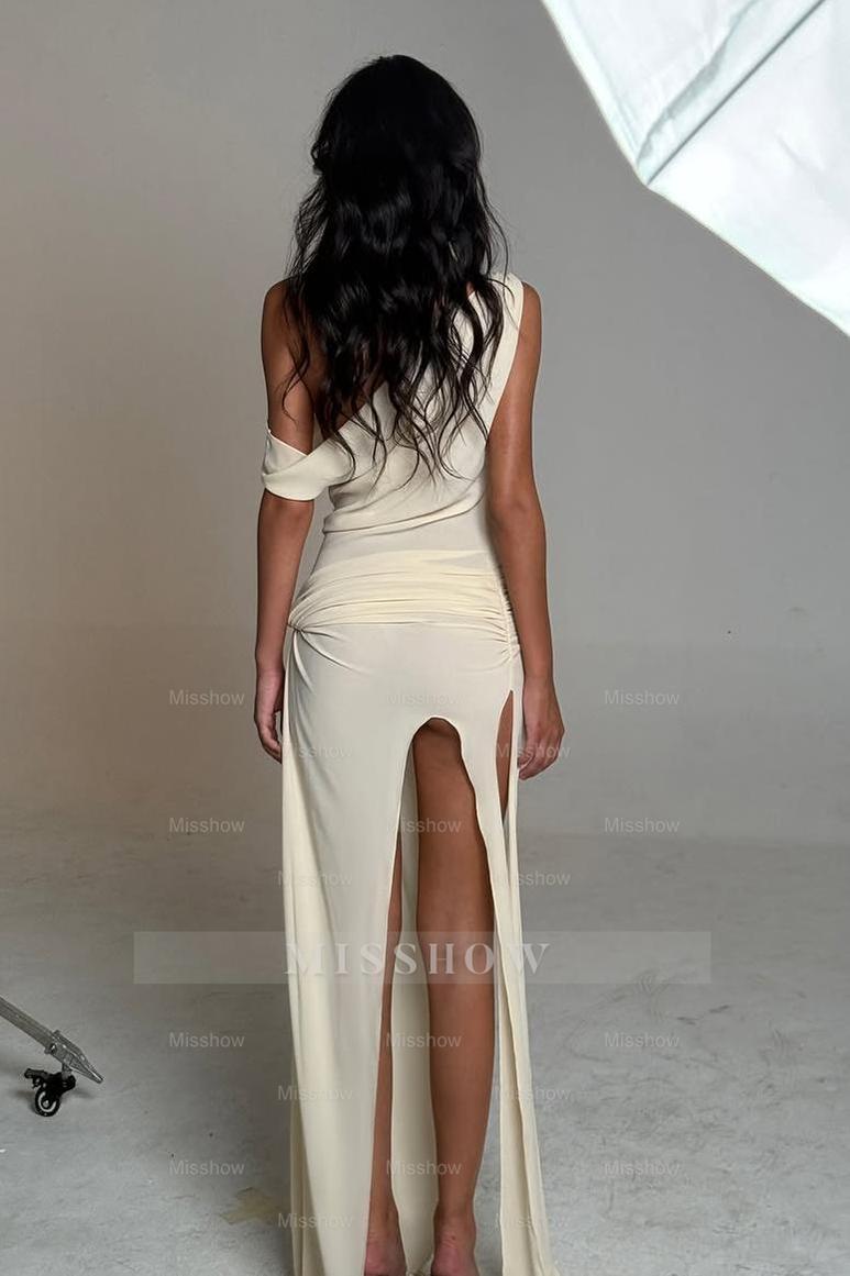 Chic One Shoulder Sleeveless Long Formal Dress With Split Pleated