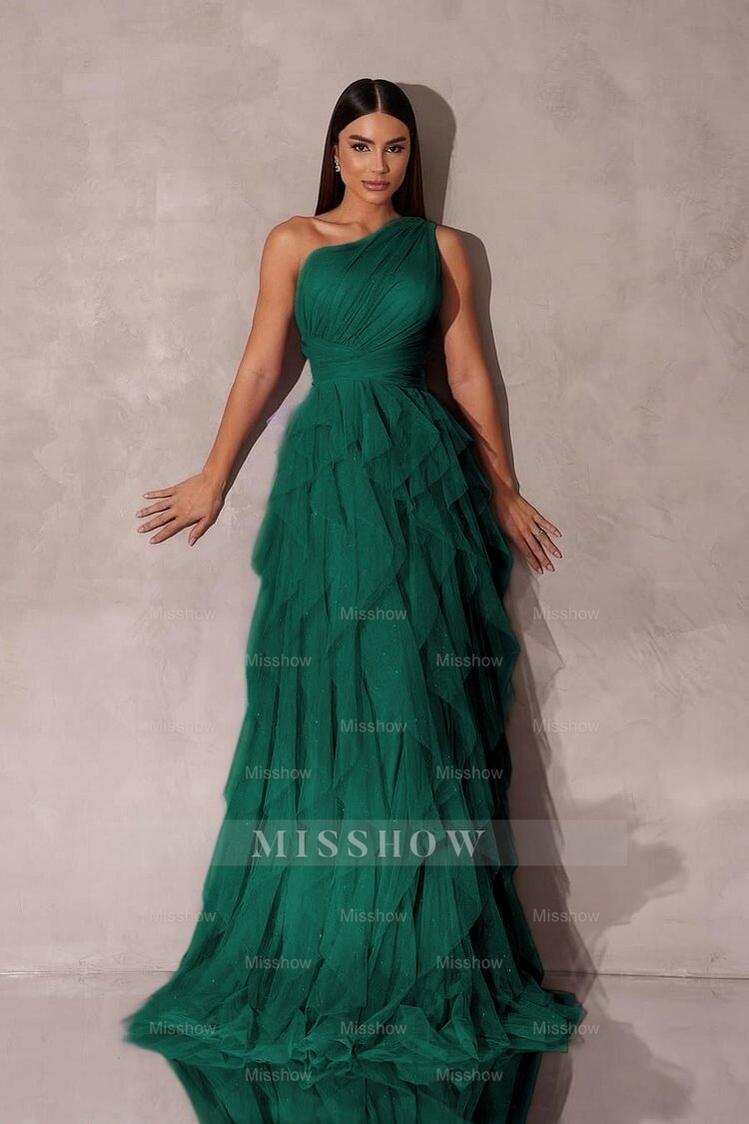 Chic One Shoulder Sleeveless Long Formal Dress With Tulle Ruffle