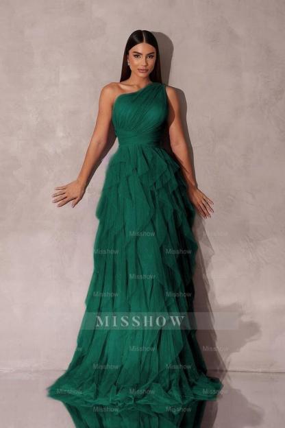 Chic One Shoulder Sleeveless Long Formal Dress With Tulle Ruffle