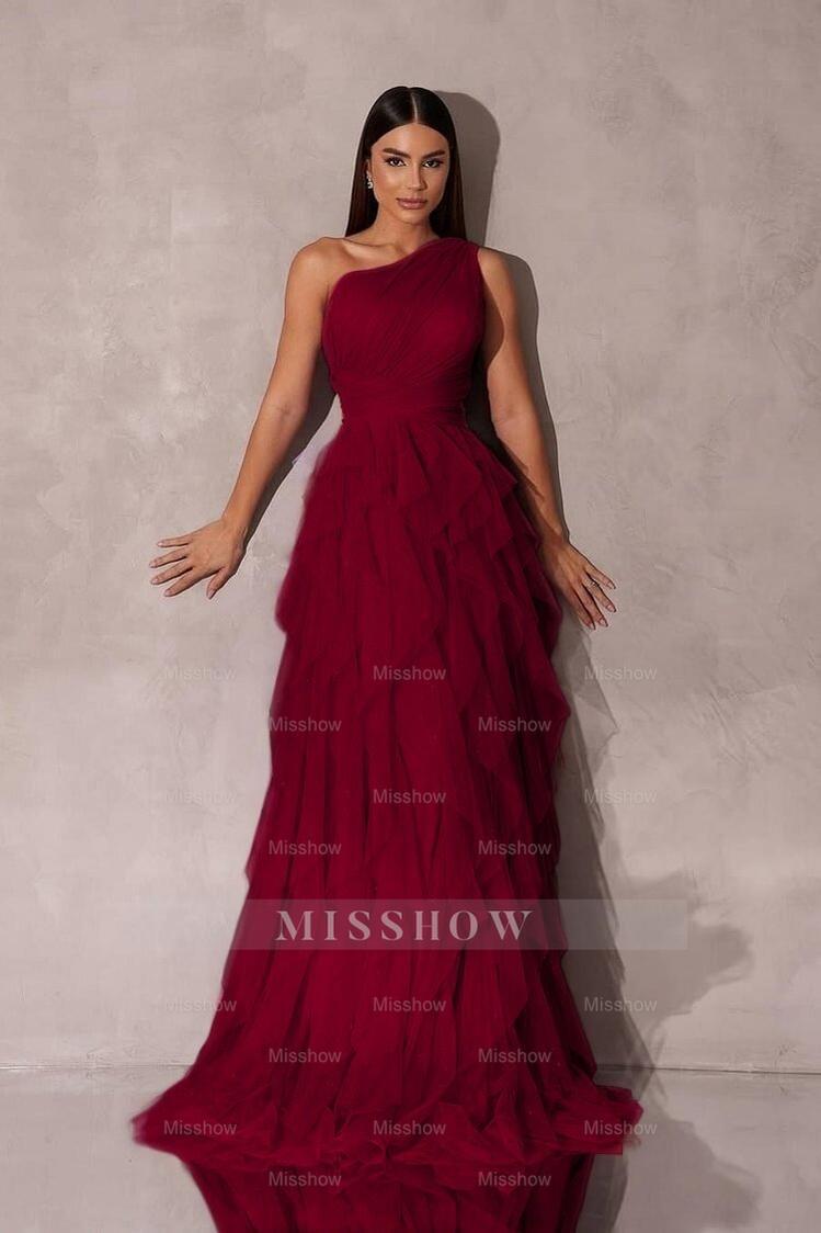 Chic One Shoulder Sleeveless Long Formal Dress With Tulle Ruffle