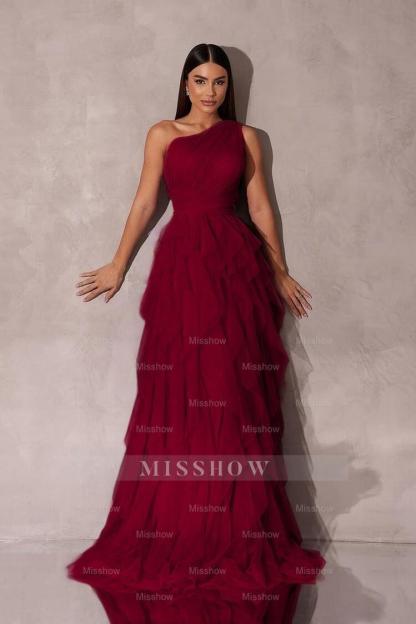 Chic One Shoulder Sleeveless Long Formal Dress With Tulle Ruffle