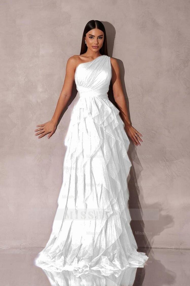 Chic One Shoulder Sleeveless Long Formal Dress With Tulle Ruffle