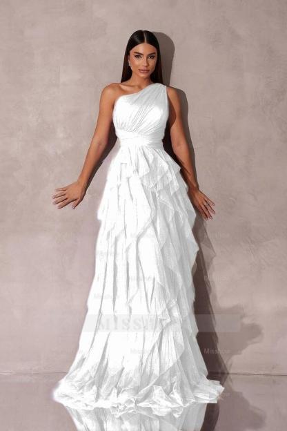 Chic One Shoulder Sleeveless Long Formal Dress With Tulle Ruffle