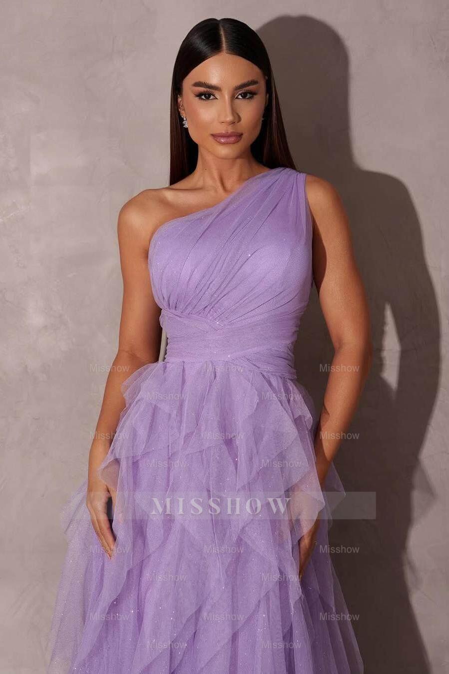 Chic One Shoulder Sleeveless Long Formal Dress With Tulle Ruffle