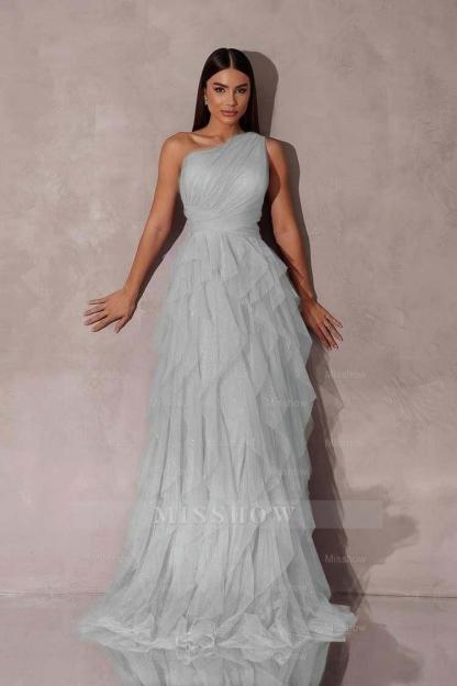 Chic One Shoulder Sleeveless Long Formal Dress With Tulle Ruffle