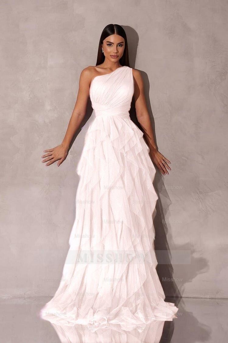 Chic One Shoulder Sleeveless Long Formal Dress With Tulle Ruffle