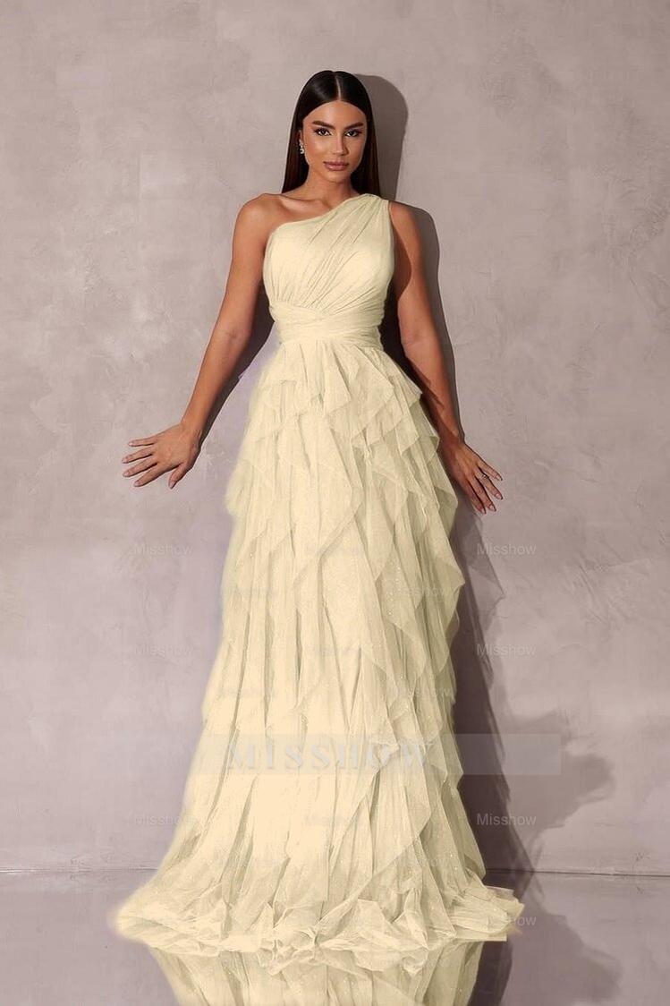 Chic One Shoulder Sleeveless Long Formal Dress With Tulle Ruffle