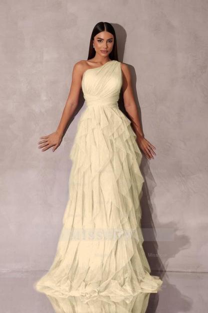 Chic One Shoulder Sleeveless Long Formal Dress With Tulle Ruffle