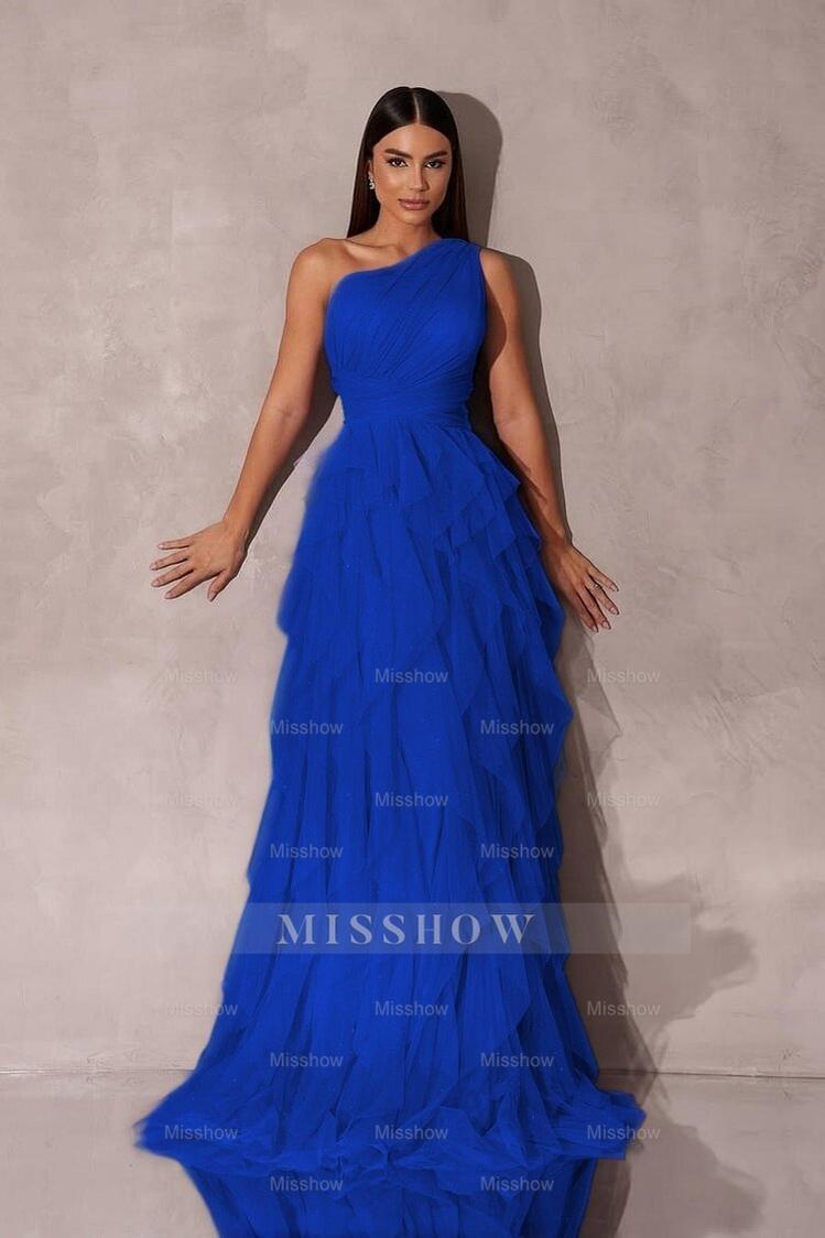 Chic One Shoulder Sleeveless Long Formal Dress With Tulle Ruffle