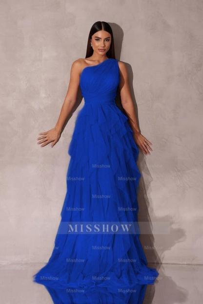 Chic One Shoulder Sleeveless Long Formal Dress With Tulle Ruffle