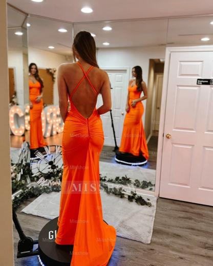 Chic Orange Criss-Cross Straps Sleeveless Mermaid Prom Dress with Sweep Train