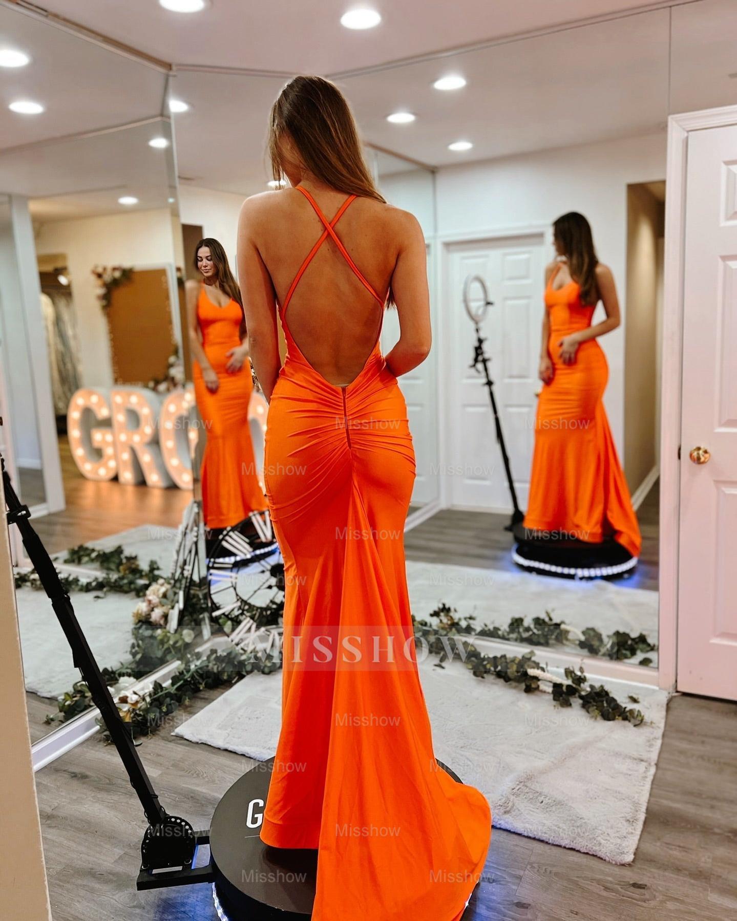 Chic Orange Criss-Cross Straps Sleeveless Mermaid Prom Dress with Sweep Train