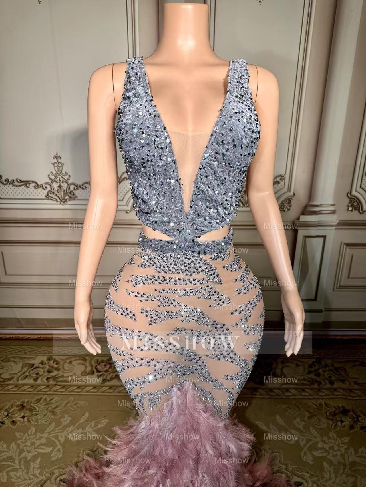 Chic Pink Mermaid V-Neck Sequined Beaded Sleeveless Floor-Length Prom Dresses With Feathers