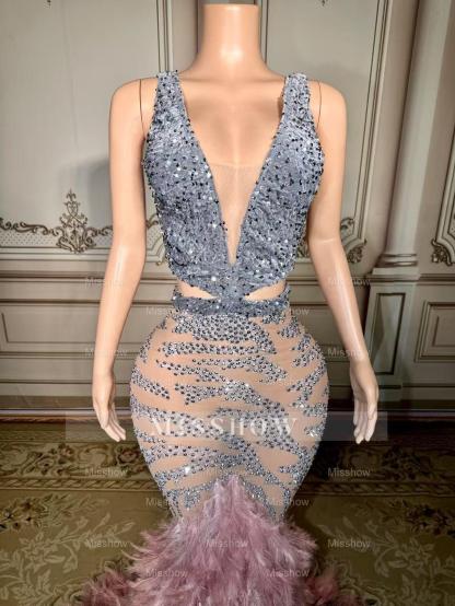 Chic Pink Mermaid V-Neck Sequined Beaded Sleeveless Floor-Length Prom Dresses With Feathers