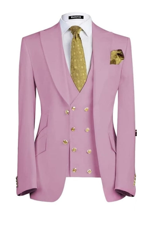 Chic Pink Three-Piece Peaked Lapel Tailored Prom Attire for Men