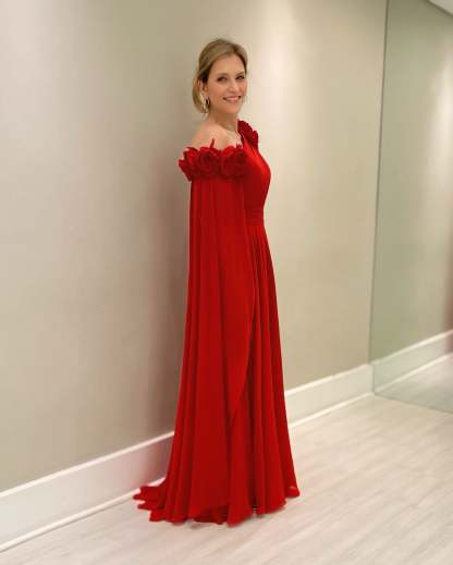 Chic Red A-Line One-Shoulder Cap Sleeves Ruffles Long Chiffon Mother of the Bride Dress With 3D Flowers