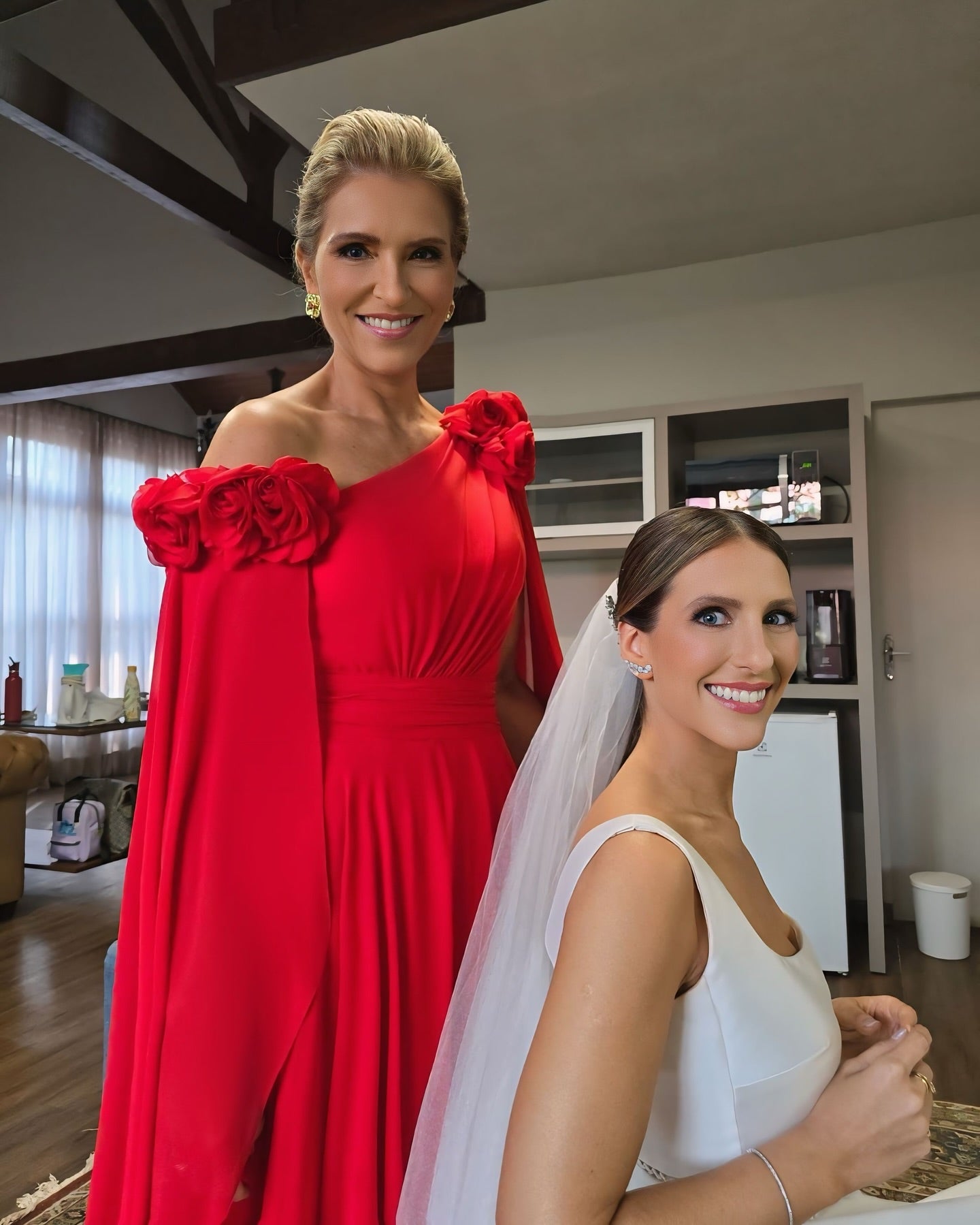 Chic Red A-Line One-Shoulder Cap Sleeves Ruffles Long Chiffon Mother of the Bride Dress With 3D Flowers