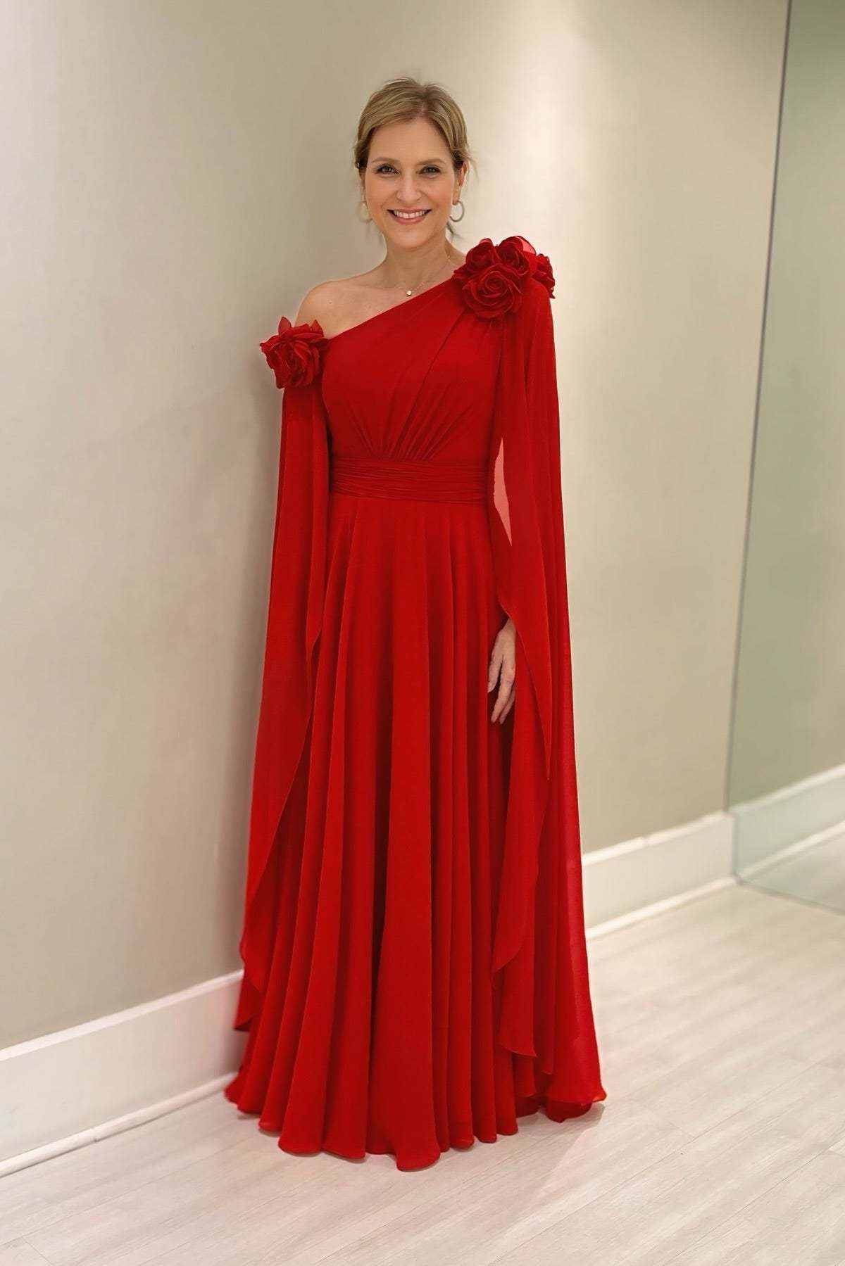 Chic Red A-Line One-Shoulder Cap Sleeves Ruffles Long Chiffon Mother of the Bride Dress With 3D Flowers