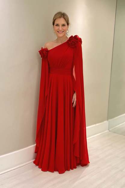 Chic Red A-Line One-Shoulder Cap Sleeves Ruffles Long Chiffon Mother of the Bride Dress With 3D Flowers