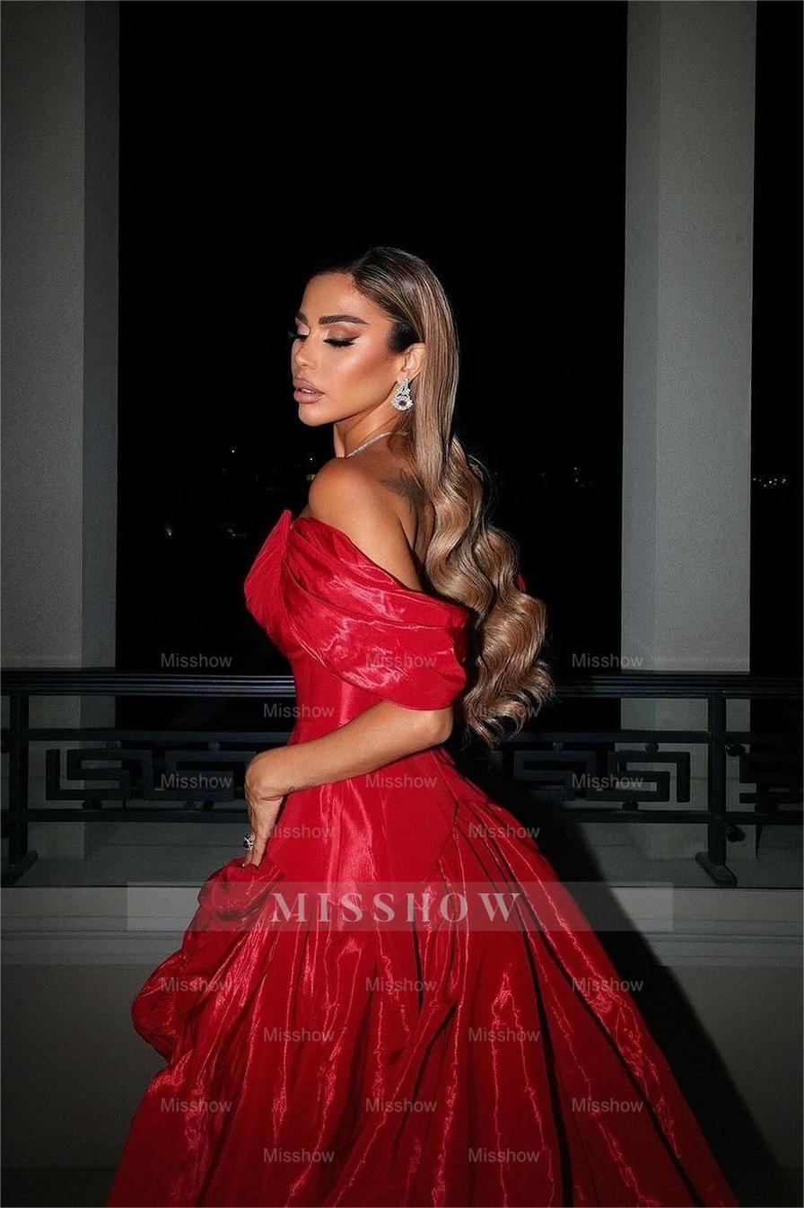 Chic Red Off the Shoulder V Neck A Line Long Split Formal Dress With Ruffles