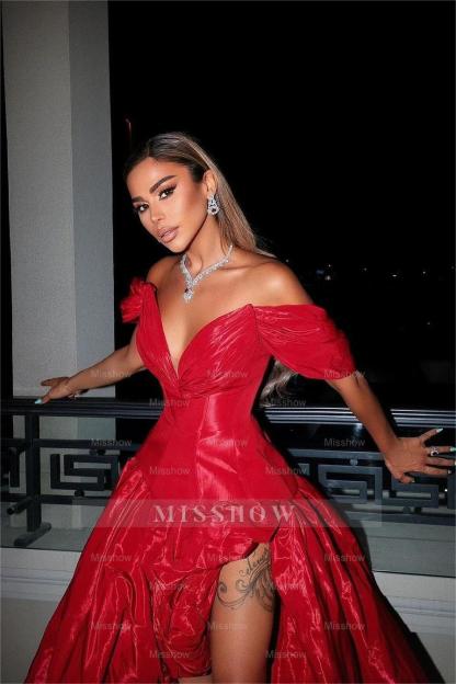 Chic Red Off the Shoulder V Neck A Line Long Split Formal Dress With Ruffles