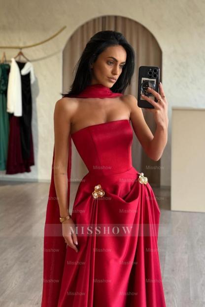 Chic Red Strapless A-Line Sleeveless Floor-Length Satin Simple Prom Dresses With Sash