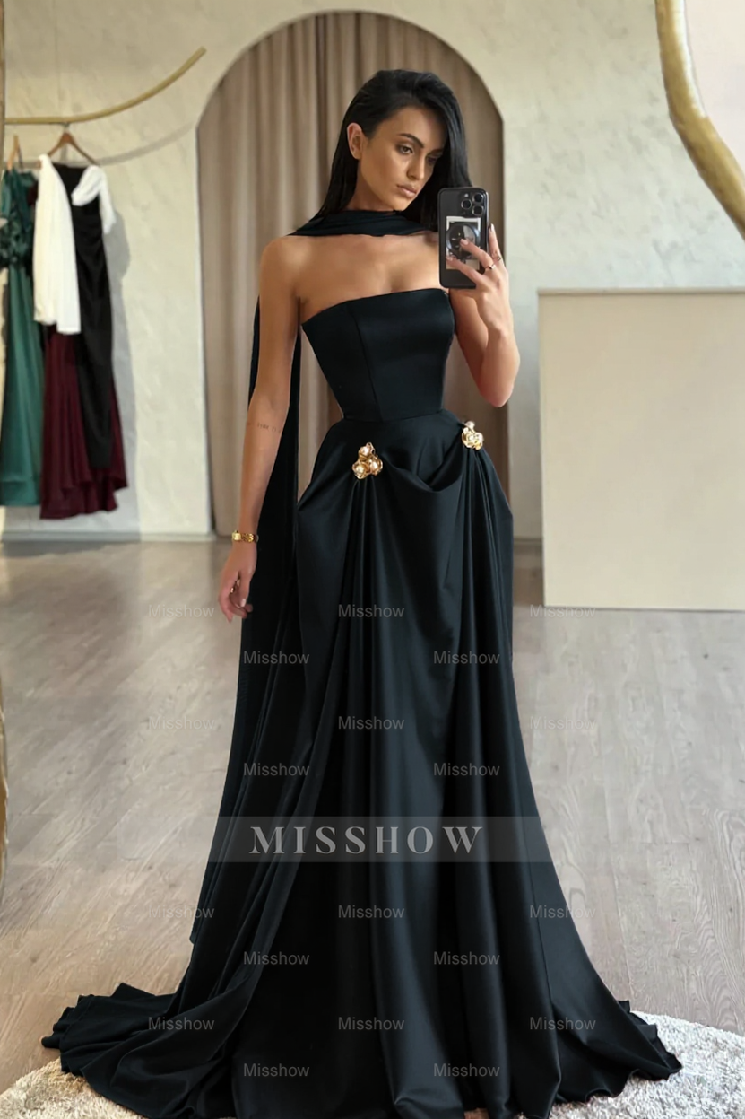 Chic Red Strapless A-Line Sleeveless Floor-Length Satin Simple Prom Dresses With Sash