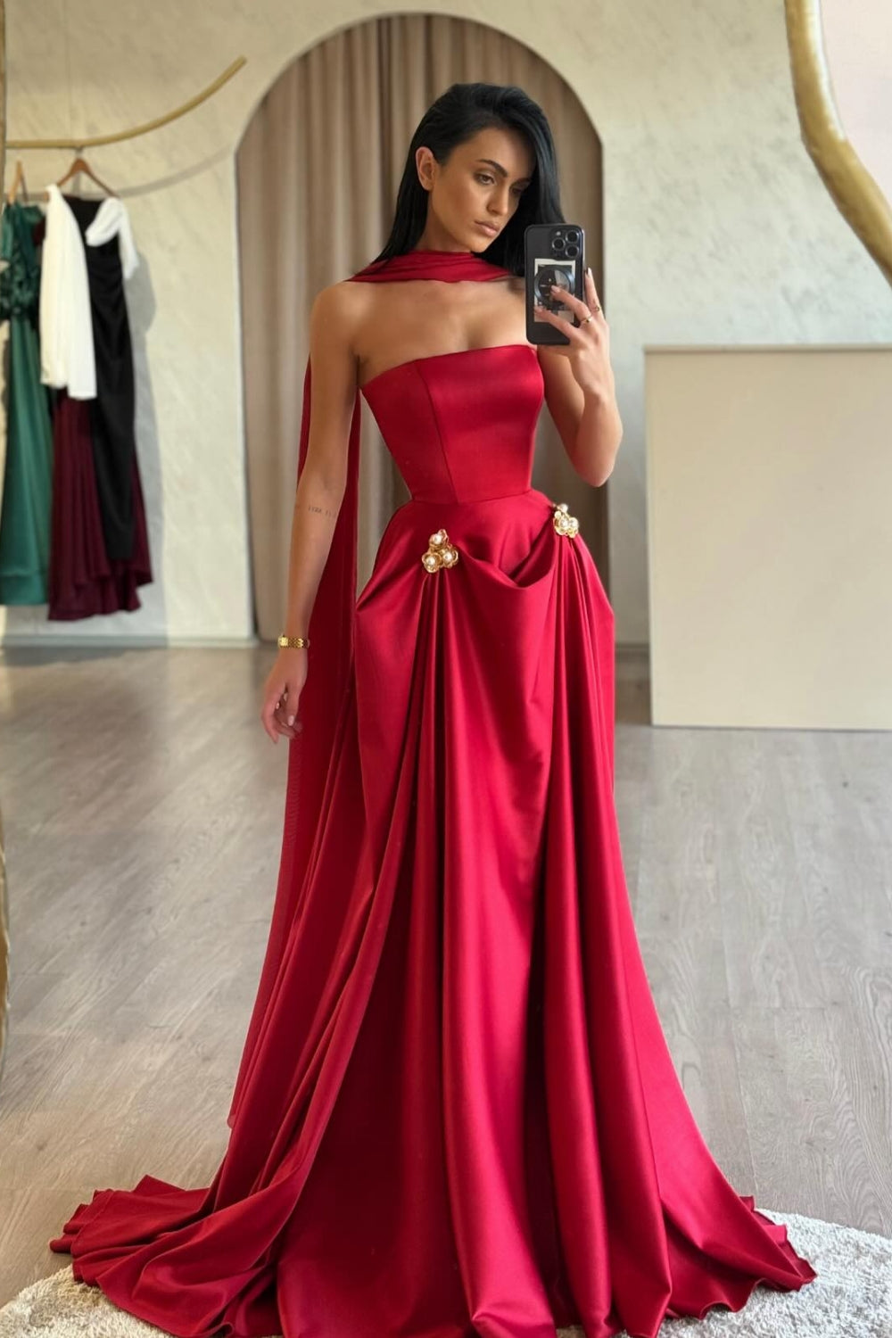Chic Red Strapless A-Line Sleeveless Floor-Length Satin Simple Prom Dresses With Sash