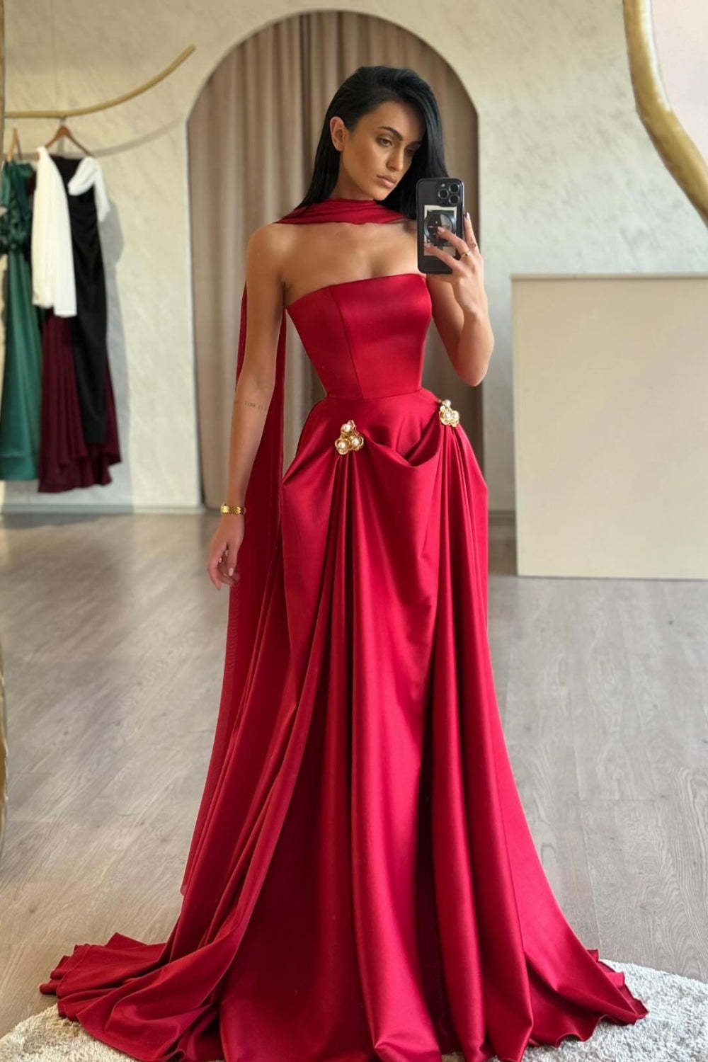 Chic Red Strapless A-Line Sleeveless Floor-Length Satin Simple Prom Dresses With Sash