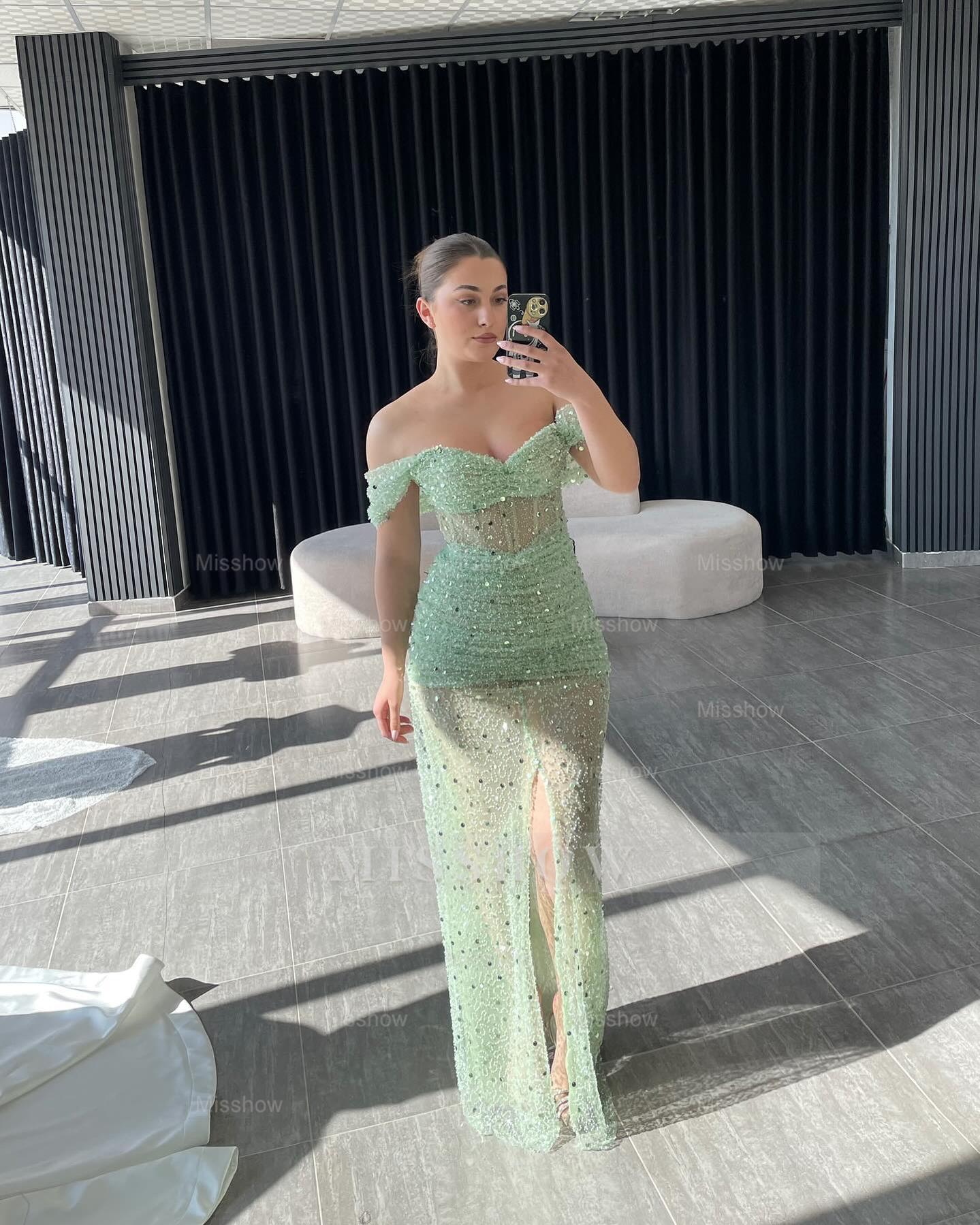 Chic Sage Off-The-Shoulder Sleeveless Sequined Mermaid Evening Dress with Front Split