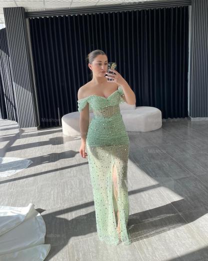 Chic Sage Off-The-Shoulder Sleeveless Sequined Mermaid Evening Dress with Front Split