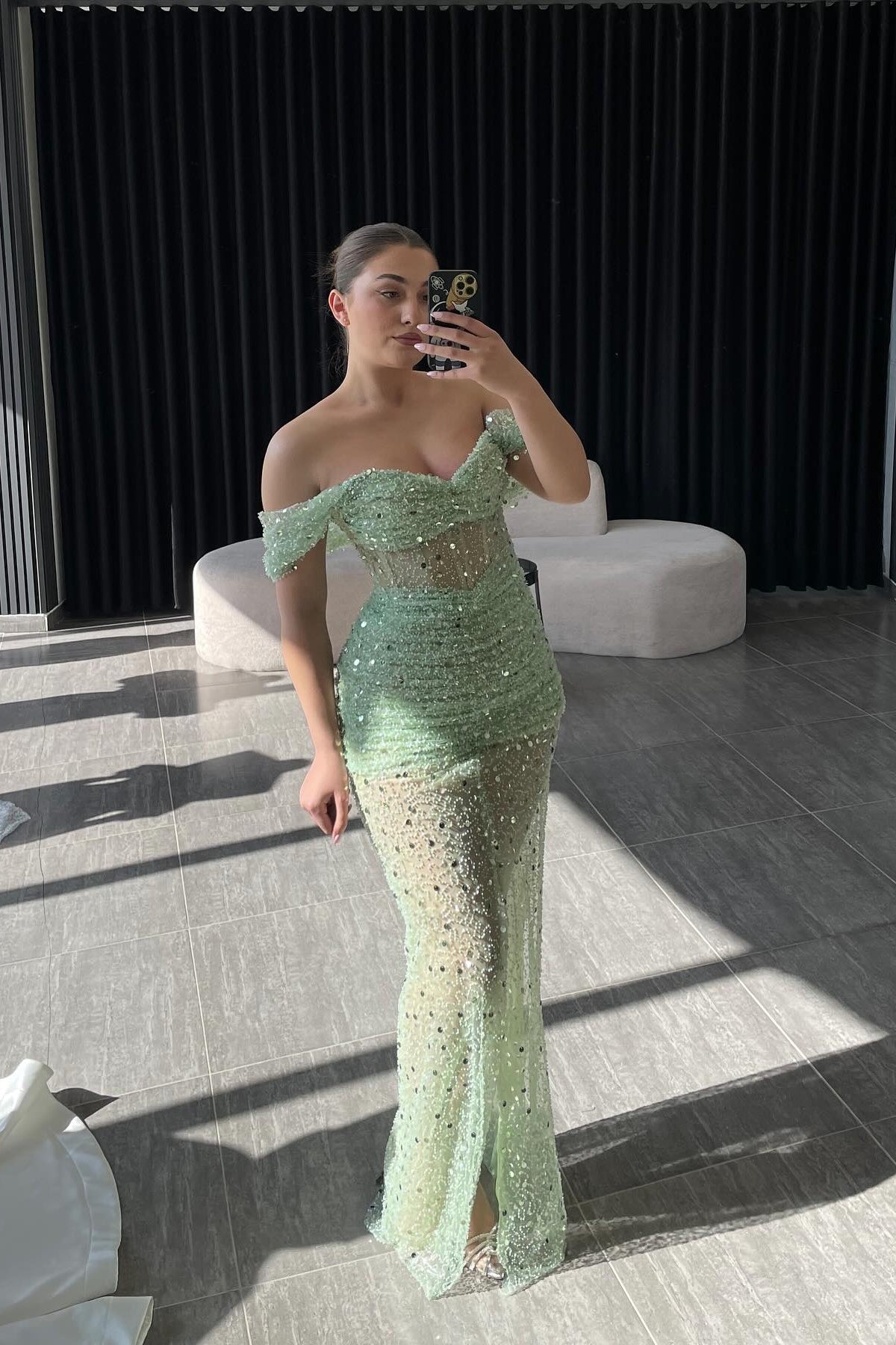 Chic Sage Off-The-Shoulder Sleeveless Sequined Mermaid Evening Dress with Front Split