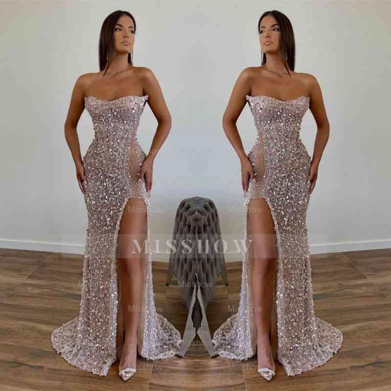 Chic Sequined Floor Length Strapless A-line Prom Dress with Front Slit