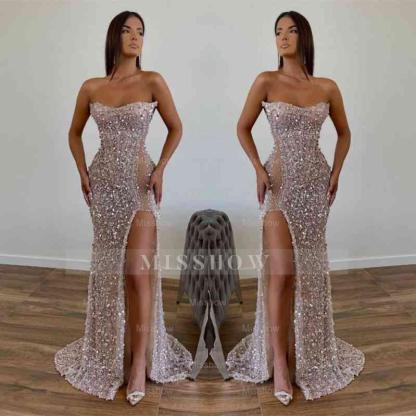 Chic Sequined Floor Length Strapless A-line Prom Dress with Front Slit