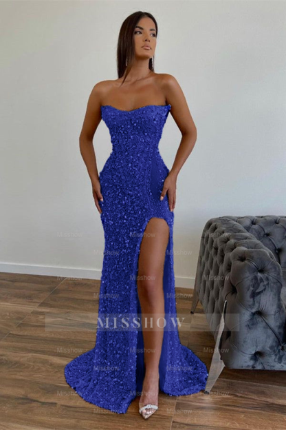 Chic Sequined Floor Length Strapless A-line Prom Dress with Front Slit