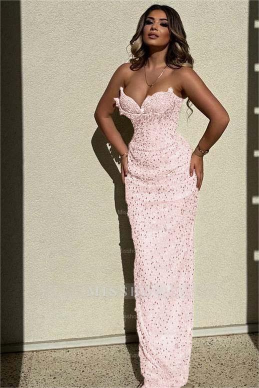 Chic Sequins Strapless Sleeveless High Waist Long Formal Dress With Beadings