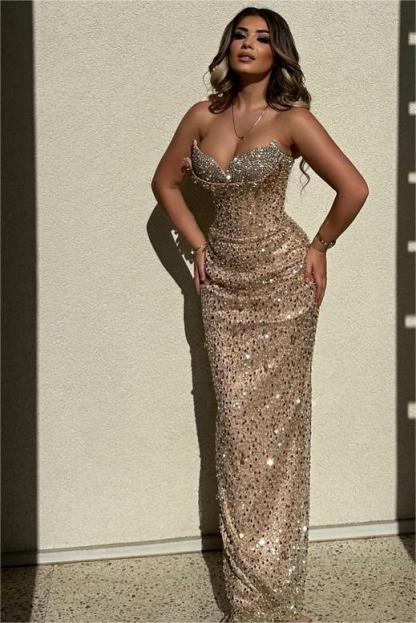 Chic Sequins Strapless Sleeveless High Waist Long Formal Dress With Beadings