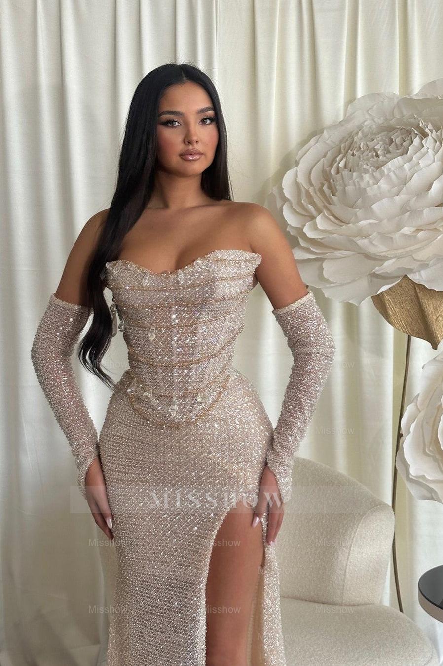 Chic Sequins Strapless Sleeveless Long Split Formal Dress With Outer Sleeves