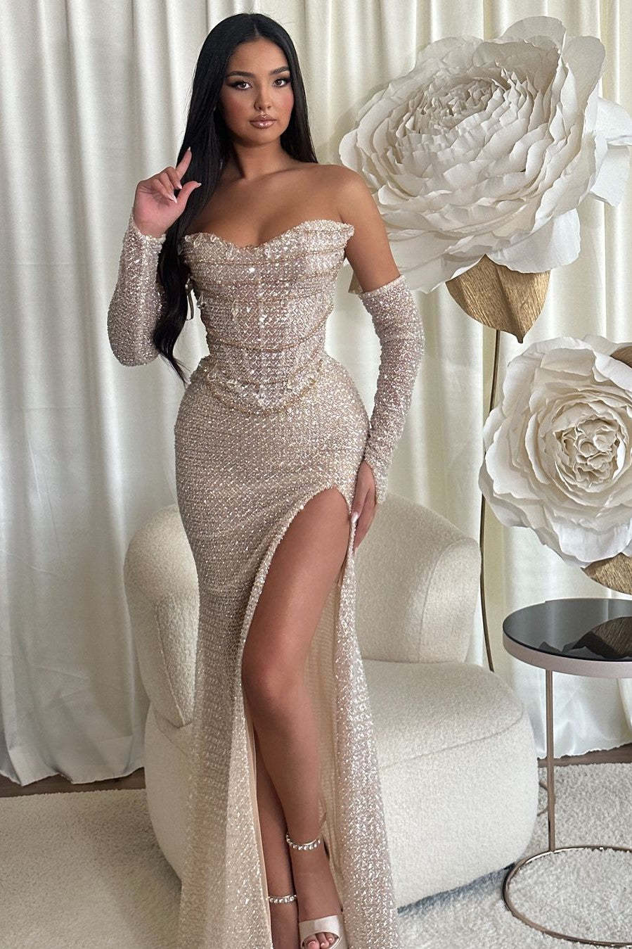 Chic Sequins Strapless Sleeveless Long Split Formal Dress With Outer Sleeves