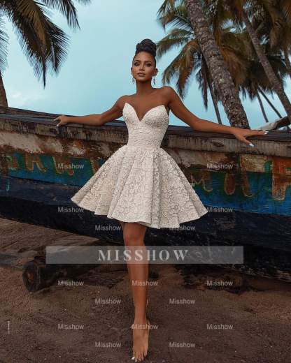 Chic Short A-line V-neck Ivory Lace Wedding Dress With Detachable Sleeves