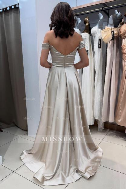 Chic Silver A-Line Strapless Off-The-Shoulder Sleeveless Long Simple Satin Evening Dresses With Slit