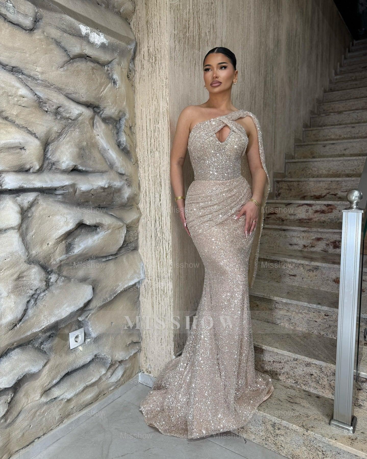 Chic Silver Mermaid One-Shoulder Sleeveless Sequined Long Formal Dress With Ruffles