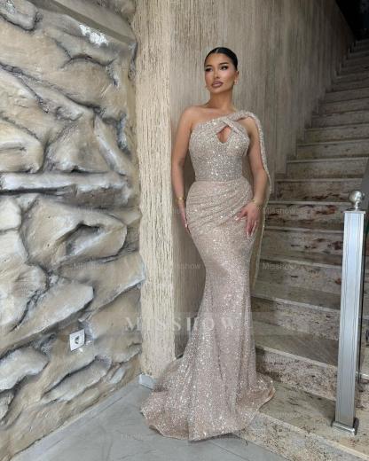Chic Silver Mermaid One-Shoulder Sleeveless Sequined Long Formal Dress With Ruffles