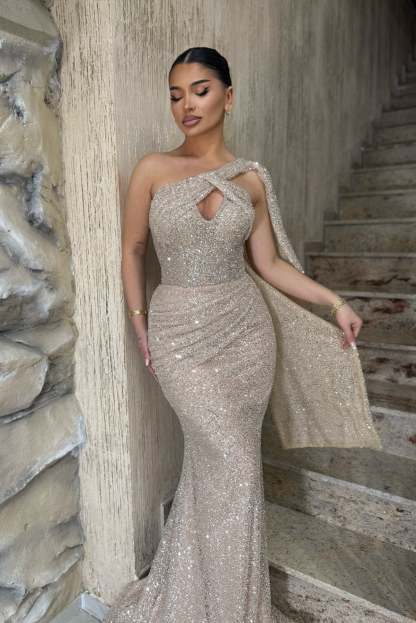 Chic Silver Mermaid One-Shoulder Sleeveless Sequined Long Formal Dress With Ruffles