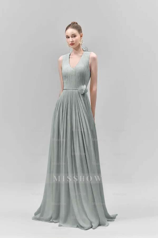 Chic Sleeveless Straps V Neck Long Formal Dress With Pleated Belt