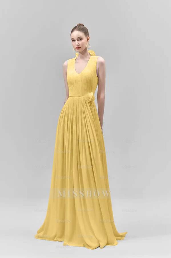 Chic Sleeveless Straps V Neck Long Formal Dress With Pleated Belt